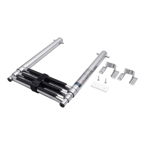 Three Step Telescoping Boat Ladder Welded From Marine Grade 304 Stainless Steel, showing folded unit with mounting hardware.