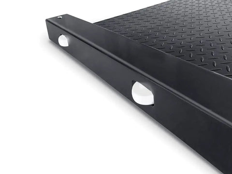 Heavy Duty Floor Drum Scale 2500 Lb Capacity 0.5 Lb Precision corner view of 30x30 steel platform with textured surface.