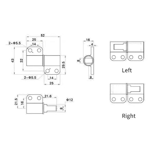 Adjustable Two-Way Zinc Alloy Friction Hinge With Detachable Damping Shaft And Precision Positioning For Smooth Door Operation And Heavy Duty Performance Left Side Only Plus One Pack technical drawing with dimensions.