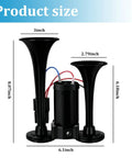 Heavy Duty 12 Volt Dual Trumpet Electric Air Horn With Turbo Compressor, dimensions showing trumpet sizes and compressor height.
