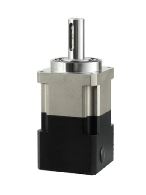 Beefed Up Helical Gear Planetary Gearbox Reducer Fitted For Nema 34 Stepper Motors with silver aluminum casing and black base.