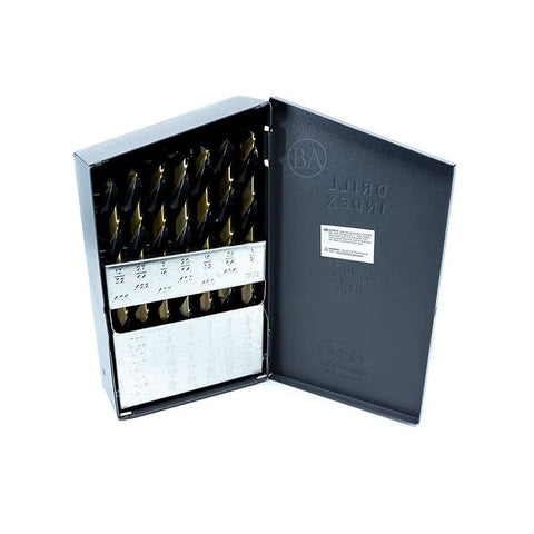 29 Pieces HSS Twist Drill Bit Set Featuring Black And Gold Finish Jobber Length in a sturdy case, neatly organized for convenience.