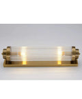 Lit Clear Ribbed Glass Tube Sconce Light Gold Wall Lamp Kit, Postmodern 1-Light Rotatable Deformation Wall Sconce for Living Room Bedroom Hallway Staircase Hotel Decor, gold base, horizontal view.
