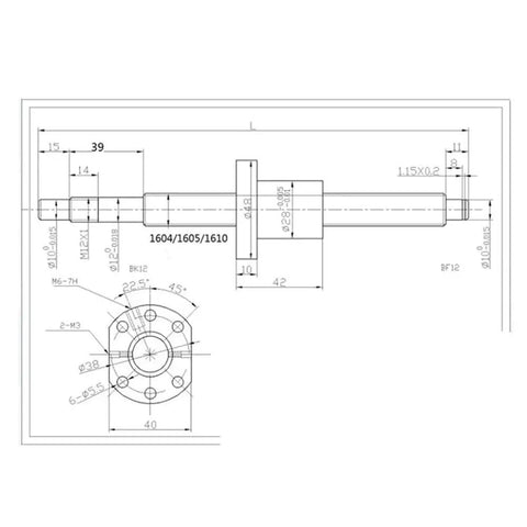 Detailed technical drawing of High Performance Ballscrew Kit With Ballnut 16mm Diameter Precision CNC Rolled Metal Screw.