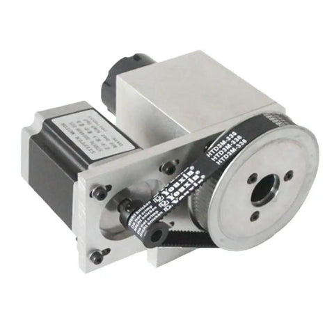 Badass 4Th Axis Rotary Cnc Kit With Hollow Shaft 57 Phase Stepper Motor and 11 Piece Er32 Collet Set, showcasing stepper motor and pulley system.