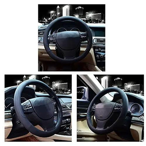 Microfiber Leather Steering Wheel Cover Universal 15 Inch Black For Any Car installed on vehicle, showing premium anti-slip grip.