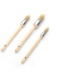 Three Pack Trim Painting Brush Set With 0.6 Inch, 0.75 Inch and 1 Inch small brushes, wood handles, aligned on white background