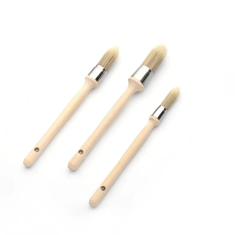 Three Pack Trim Painting Brush Set With 0.6 Inch, 0.75 Inch and 1 Inch small brushes, wood handles, aligned on white background