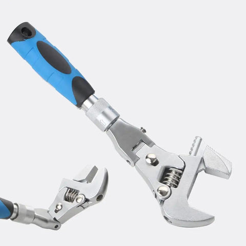 Close-up of 3 In 1 Adjustable Wrench With Retractable Extension Shank And 180 Degree Rotating Head Converts From 10 Inch To 12 Inch