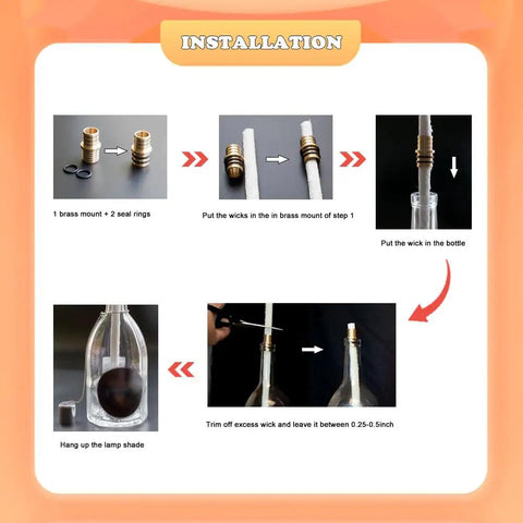 Installation steps guide for Six Pack Wine Bottle Torch Wicks Kit For Outdoor Lighting Citronella Garden Torches Patio