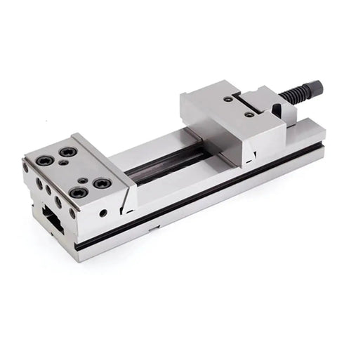 Heavy Duty Rock Solid Precision Bench Vise Built For Cnc Machining Centers And Milling Machines Featuring Dual Adjustment Screws And Heat Treated Steel side view showing sturdy design.