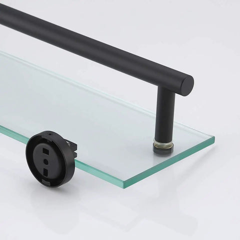 Space Saving 16 Inch Glass Shower Shelf With Towel Bar Floating Wall Mount Tempered Glass Matte Black Finish SUS304 Stainless Steel Bathroom Organizer For Soap Shampoo And More, close-up of tempered glass edge and matte black bar.