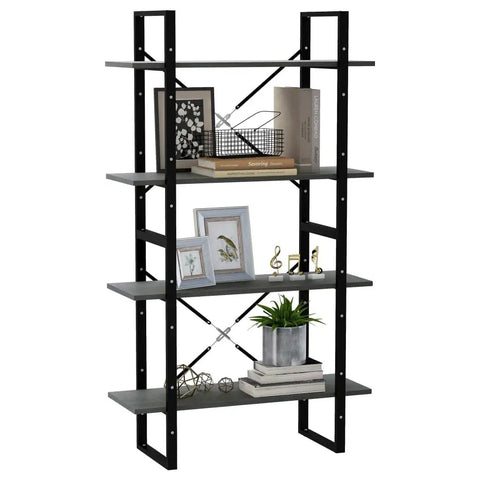 Industrial Four Shelf Book Cabinet In Gray Built From Solid Pine Wood With Huge Storage For Books And Decor Stands