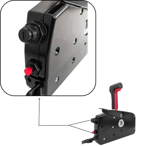 Close-up of Suzuki Outboard Remote Throttle Control 67200-93J50 side-mounted unit with push-to-open, neutral lock knob.