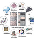 Double Sided Hanging Closet Organizer With Thirty Roomy Pockets In Gray displaying various organized items such as socks, underwear, and cosmetics.