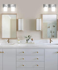 Dope 4 Light Bathroom Vanity Light Fixture With Brushed Nickel Finish And White Frosted Glass in a double sink setting