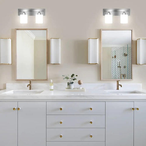 Dope 4 Light Bathroom Vanity Light Fixture With Brushed Nickel Finish And White Frosted Glass in a double sink setting