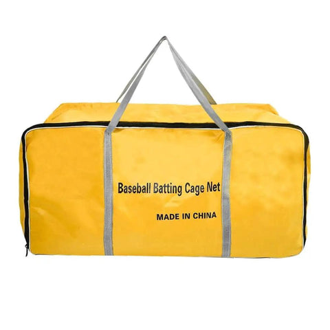 Yellow bag containing Baseball Batting Cage Net Only For Pro Garage Softball Training With Side Entrance UV Stabilized Four Millimeter Polyester Knotless Mesh One And A Quarter Inch Square Netting Eight By Eight By Twenty Feet