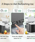 DUMOS countertop ice maker with handle in bright black; three-step infographic shows fill water, press ON/OFF, enjoy ice.