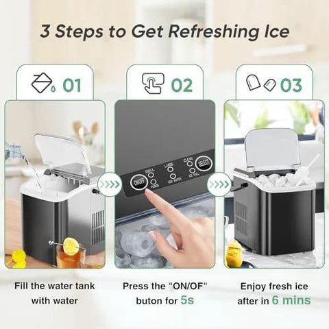 DUMOS countertop ice maker with handle in bright black; three-step infographic shows fill water, press ON/OFF, enjoy ice.