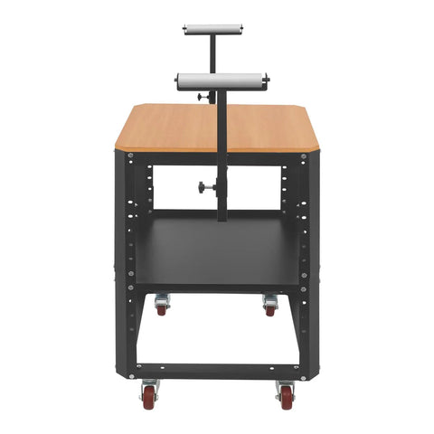 Built Like A Tank Rolling Workstand Holds 550 Pounds, black steel frame with wood top and extension rollers for tools.