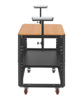 Heavy Duty Rolling Planer Stand Built Like A Tank With Height Adjustment Smooth Gliding Wheels And Side Rollers Handles 550 Lbs No Sweat On A Solid Wood Top For Benchtop Workshop Tools, front view with wood top and black steel frame.