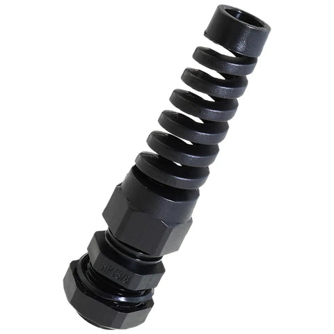 NPT Three Eighths Inch IP68 Waterproof Cable Gland Bend Relief Spiral Strain Relief Black Nylon Connector side angle