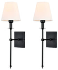 Slim Wall Sconce Set Of 2 With White Fabric Shades In Black Finish, Hardwired Indoor Wall Lamps, Vintage Column Arm Design