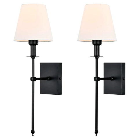Slim Wall Sconce Set Of 2 With White Fabric Shades In Black Finish, Hardwired Indoor Wall Lamps, Vintage Column Arm Design