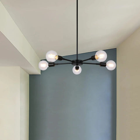 Five Light Modern Sputnik Chandelier In Matte Black Farmhouse Adjustable Pendant Light For Dining Room and Kitchen