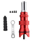 Must Upgrade Your DIY Game With This Electric Rivet Nut Drill Adapter Kit For Cordless Tools Featuring Removable Handle Easy Install And Removal For Wide Rivet Sizes To Get The Job Done Rapidly Without The Hassle. red metal rivet nut drill adapter kit with handle and 4 tips