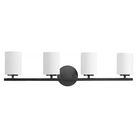 Sleek Four-Light Etched-Glass Bath Vanity Light In Textured Black Finish For Modern Coastal Bathrooms, Offering Bright, Soft Illumination And Boss Vanity Lighting For A Luxe Look