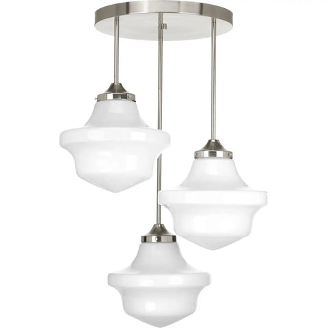 Traditional Casual Canopy Pendant Accessory In Brushed Nickel Finish For Ceiling Lights with three white glass pendants