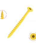 Two Pack Torx Star Drive Flat Head Wood Screws Carbon Steel M3x20mm Kit For Quick Easy Wood Assemblies With Heavy Duty Concealed Joints Self Tapping Design Ideal For DIY Projects And Furniture, yellow screw close-up