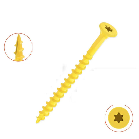 Two Pack Torx Star Drive Flat Head Wood Screws Carbon Steel M3x20mm Kit For Quick Easy Wood Assemblies With Heavy Duty Concealed Joints Self Tapping Design Ideal For DIY Projects And Furniture, yellow screw close-up