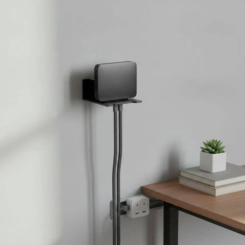 Wall Mounted Floating Shelf Bracket In Carbon Steel For Sturdy Open-Frame Support, showcasing a small gadget elevated over a desk
