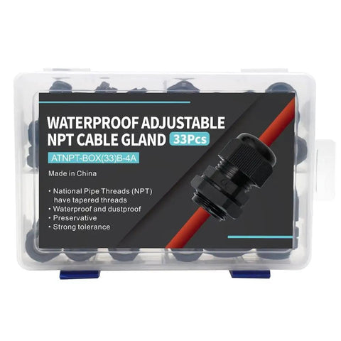 Pro Grade 33 Pack Adjustable Nylon PA66 Cable Glands Waterproof Heavy Duty Cord Grip Strain Relief Fittings For 3 To 18 Millimeter Cables With Gaskets In Black Plastic Box Indoor Outdoor Electrical Conduit Kit