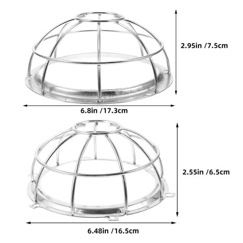 Heavy Duty Stainless Steel Sprinkler Head Protectors, two sizes displayed, 6.8in and 6.48in for ceiling and wall configurations.