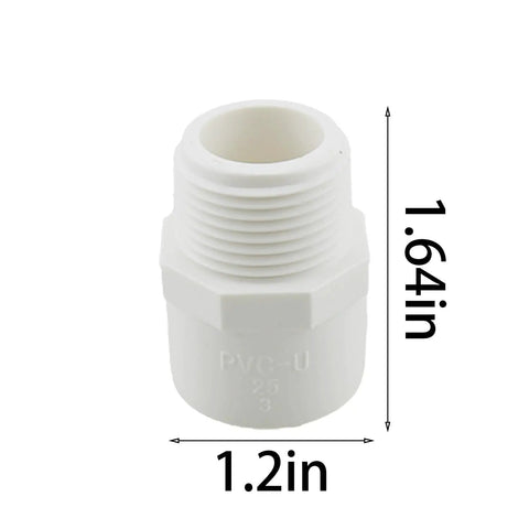 Front view of a 16 Pack Three Quarters Inch NPT PVC Pipe End Adapter Connector White Male Thread For Subsurface Drip Irrigation Systems Pools And Outdoor Projects Durable PVC Fittings Easy Install showing dimensions.