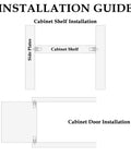 Installation guide for Heavy Duty Cabinet Door Repair Pins And Damper Replacement Clips with cabinet shelf and door diagrams.
