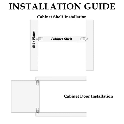 Installation guide for Heavy Duty Cabinet Door Repair Pins And Damper Replacement Clips with cabinet shelf and door diagrams.