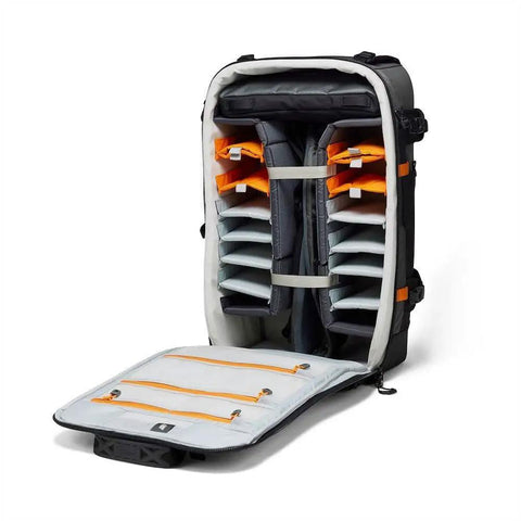 Pro Trekker BP 650 AW II Outdoor Camera Backpack with open compartments for 800mm lenses and gear, all-terrain, black and dark grey