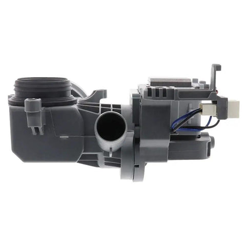 Side view of Washer Water Pump Replacement W10425238 for most front load washers, grey plastic construction, durable design