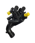 Performance Engine Coolant Thermostat Straight Garage Swap For Citroen C4 Peugeot 207 308 508 in black plastic with yellow fittings.