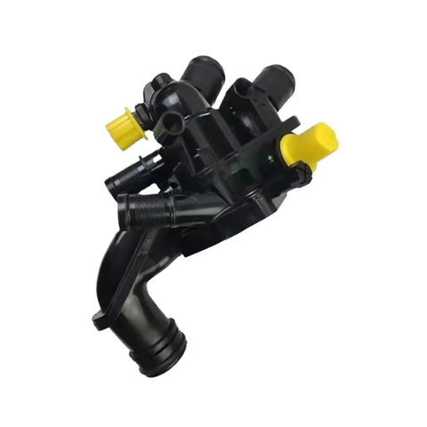 Performance Engine Coolant Thermostat Straight Garage Swap For Citroen C4 Peugeot 207 308 508 in black plastic with yellow fittings.