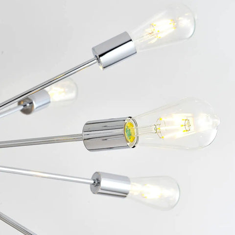 Close-up of Mid Century Modern Pendant Light 6 Light Sputnik Chandelier with chrome adjustable arms and exposed bulbs.