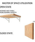 Rock Solid White Folding Shelf Brackets Built Like A Truck Wall Mounted Supports for tables open and folded with wood shelf.