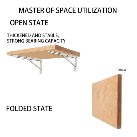 Rock Solid White Folding Shelf Brackets Built Like A Truck Wall Mounted Supports for tables open and folded with wood shelf.