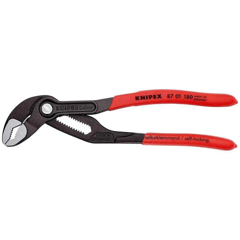 Cobra Water Pump Pliers With Seven And A Quarter Inch Length, V Jaw Style, Push Button Adjustment, Dipped Plastic Grip