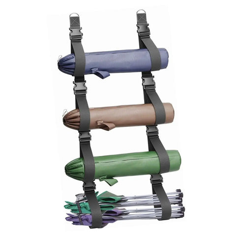 Heavy Duty Adjustable Wall Storage Straps For Garage Organization Rock Solid Wall Mount System To Hold Tools And Equipment Zero Sweat Setup, showcasing stored camping chairs.